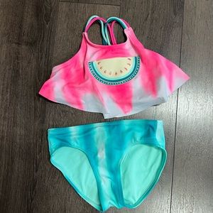 Girls SWIM Justice Size 8 Watermelon Pink and Teal Bikini Tie Dye